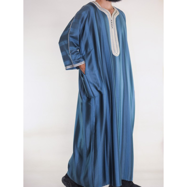Gandoura marocaine Jawhara - Bleu émeraude / Broderie blanc