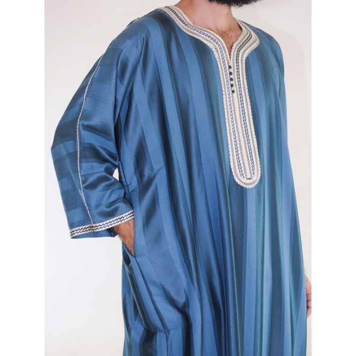 Gandoura marocaine Jawhara - Bleu émeraude / Broderie blanc