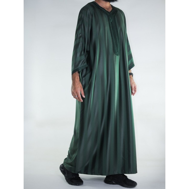 Marokkanische Gandoura Djellaba Flaschengrün / Ton-in-Ton-Stickerei