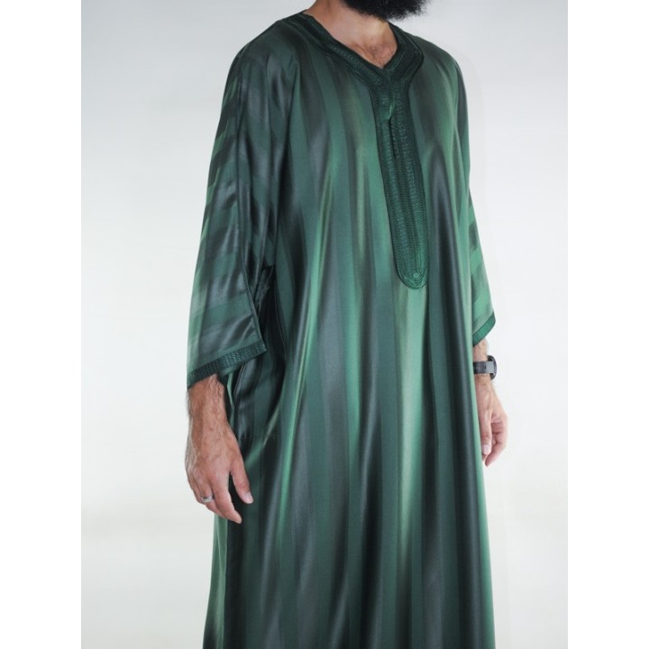 Gandoura marocaine Jawhara - Vert bouteille / Broderie ton sur ton