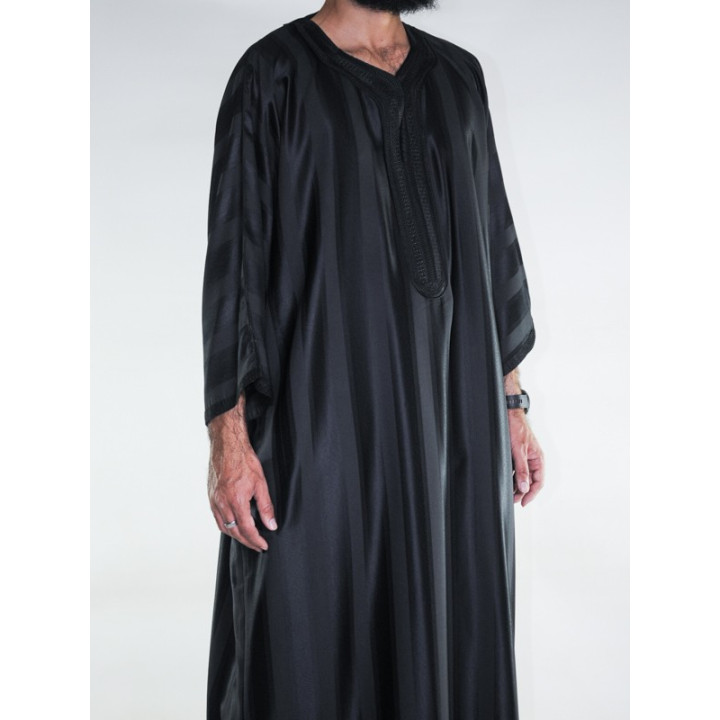 Gandoura marocaine Jawhara - Noir / Broderie ton sur ton