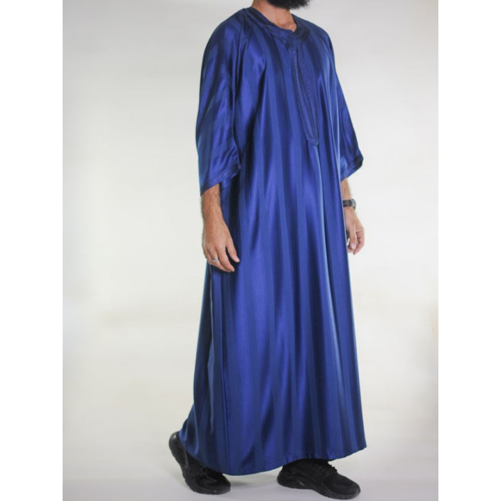Gandoura marocaine Jawhara - Bleu marine / Broderie ton sur ton