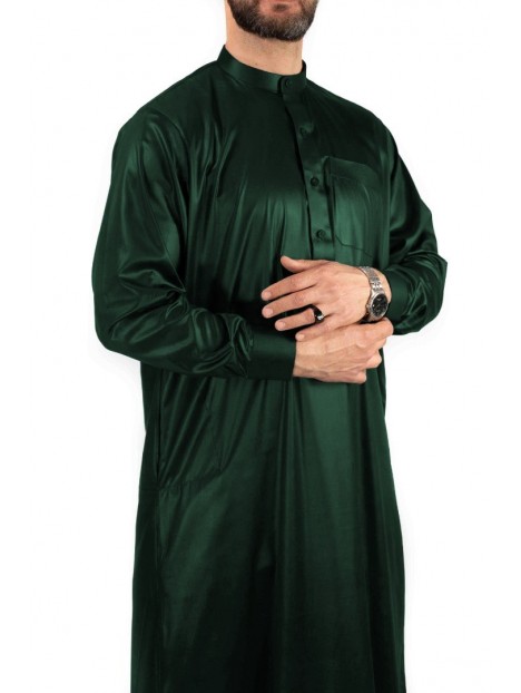 Qamis Saoudien Vert bouteille Tissu satiné